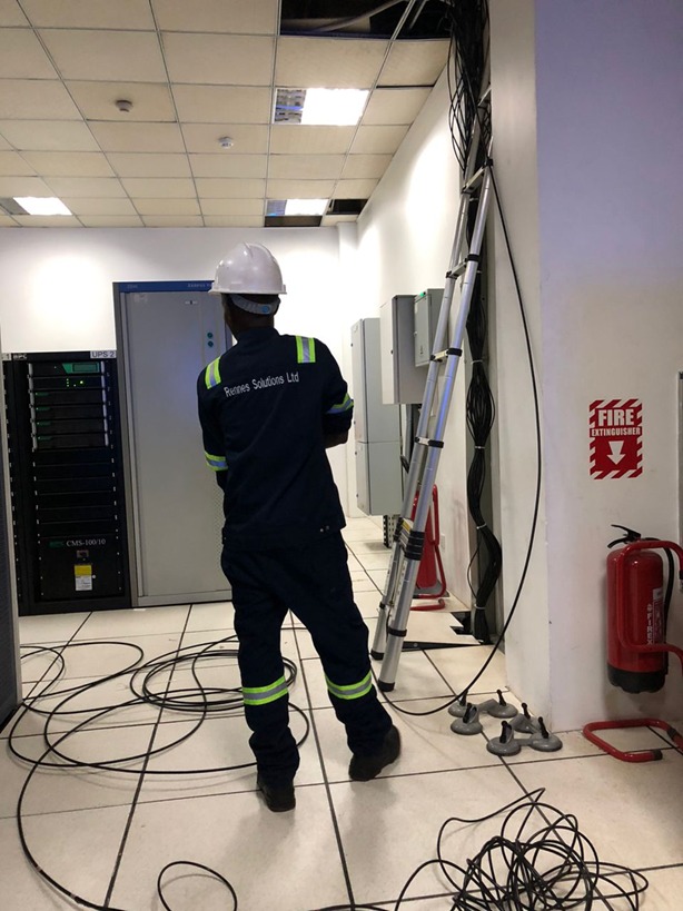 Completed server room with racks, cabling and fire safety equipment
