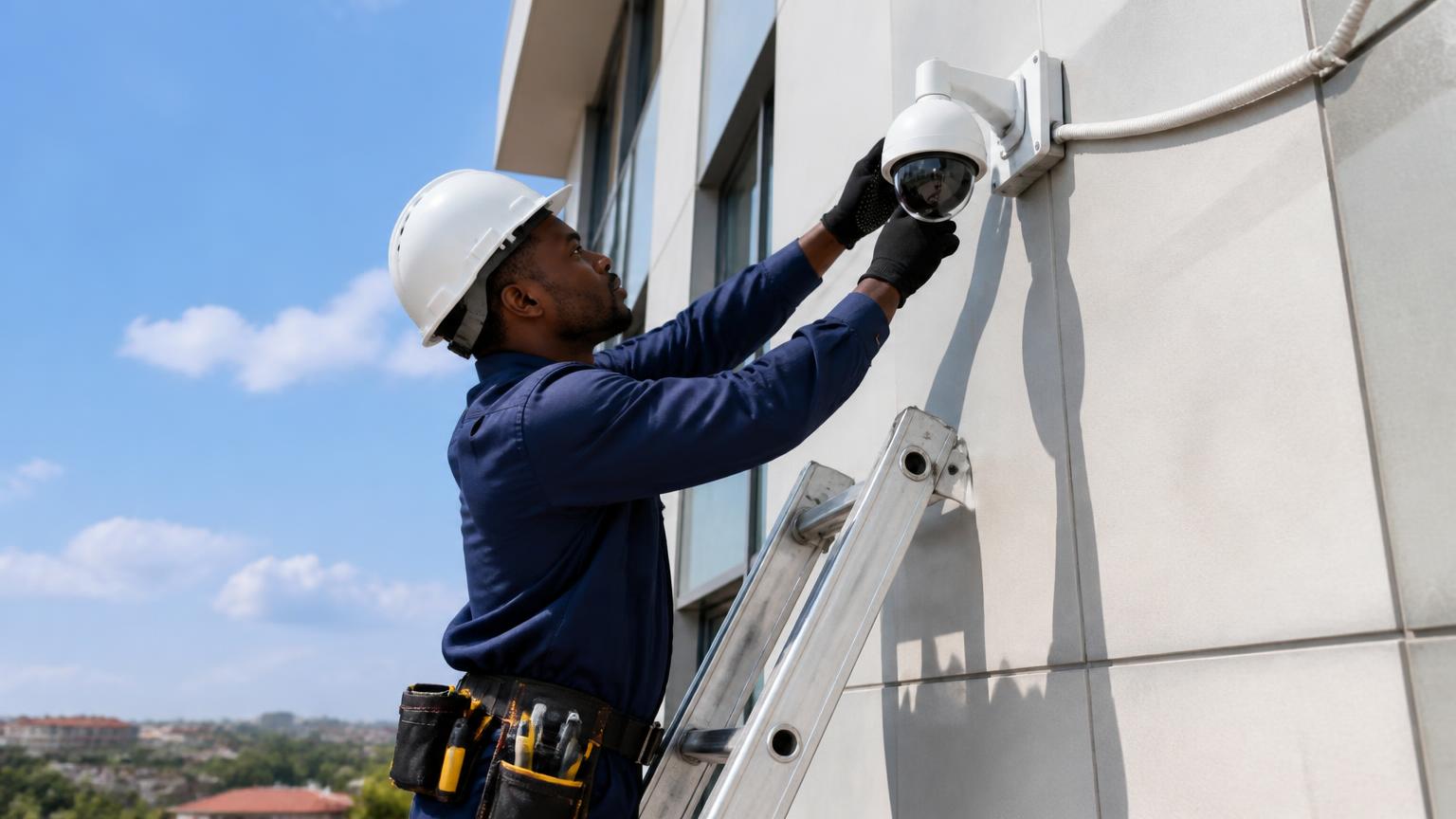 Technician installing a CCTV camera on a commercial building in Kampala