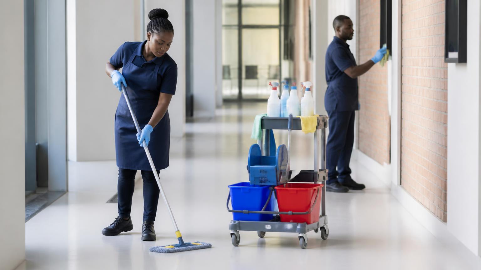 Professional cleaning staff using janitorial equipment and cleaning chemicals in a facility