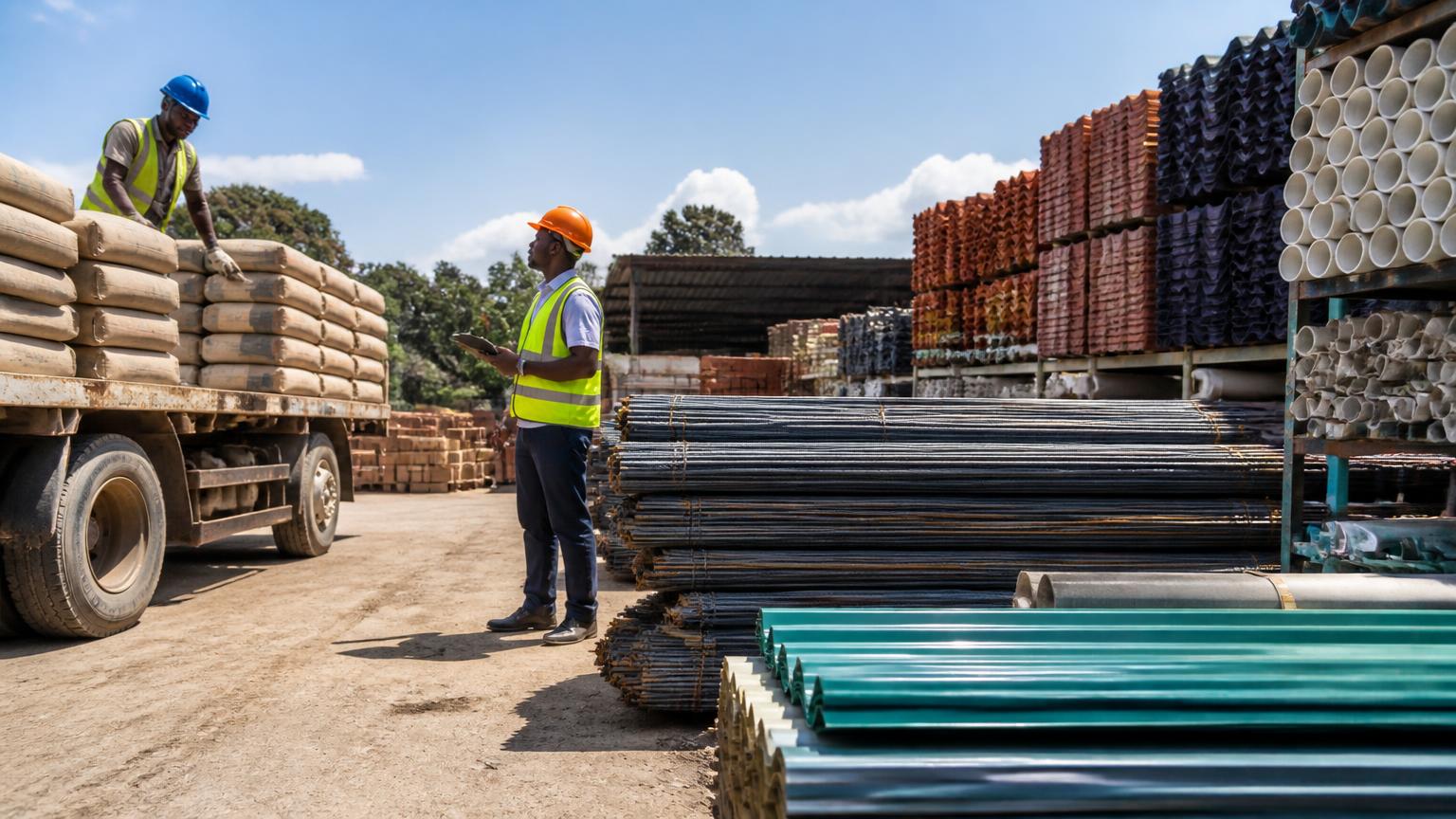 Cement, steel reinforcement bars, roofing sheets and pipes in a construction supply yard
