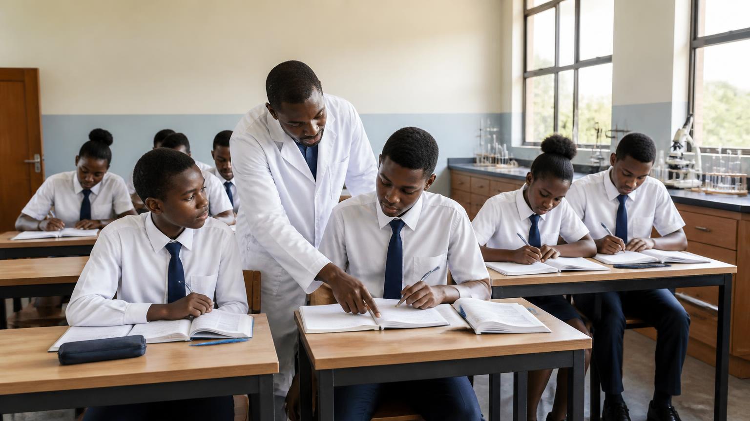 Teacher and students using school desks, books and laboratory equipment in a classroom