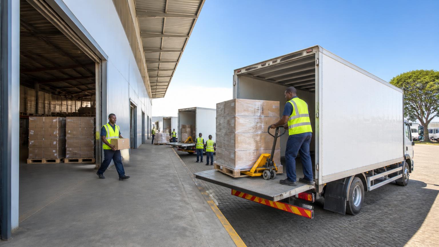 Cargo trucks being loaded with palletised goods at a distribution centre in Uganda
