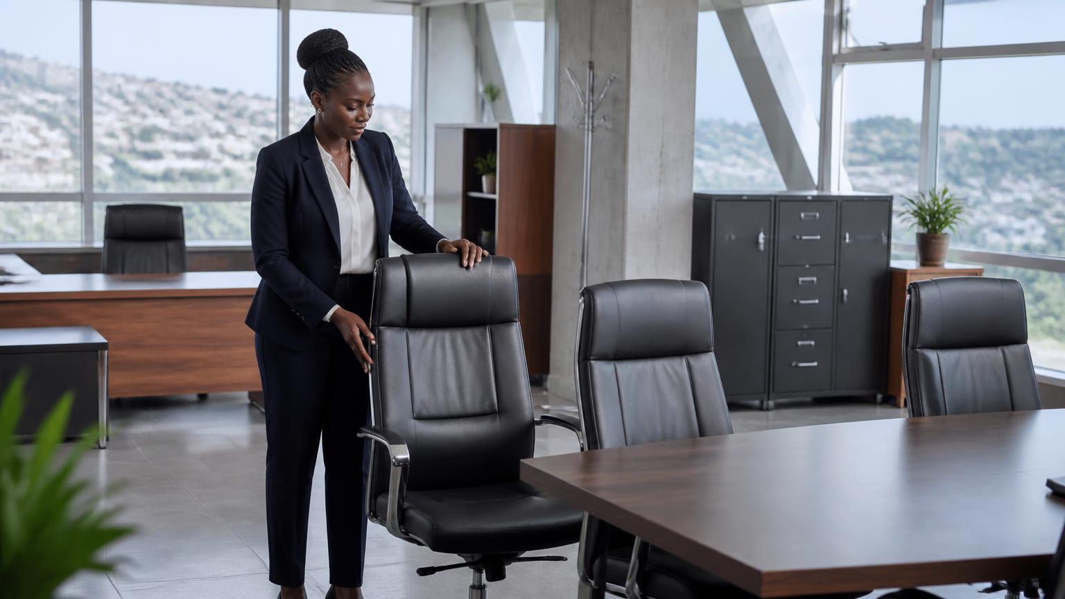 Office manager inspecting executive chairs, desks and filing cabinets in a Kampala office