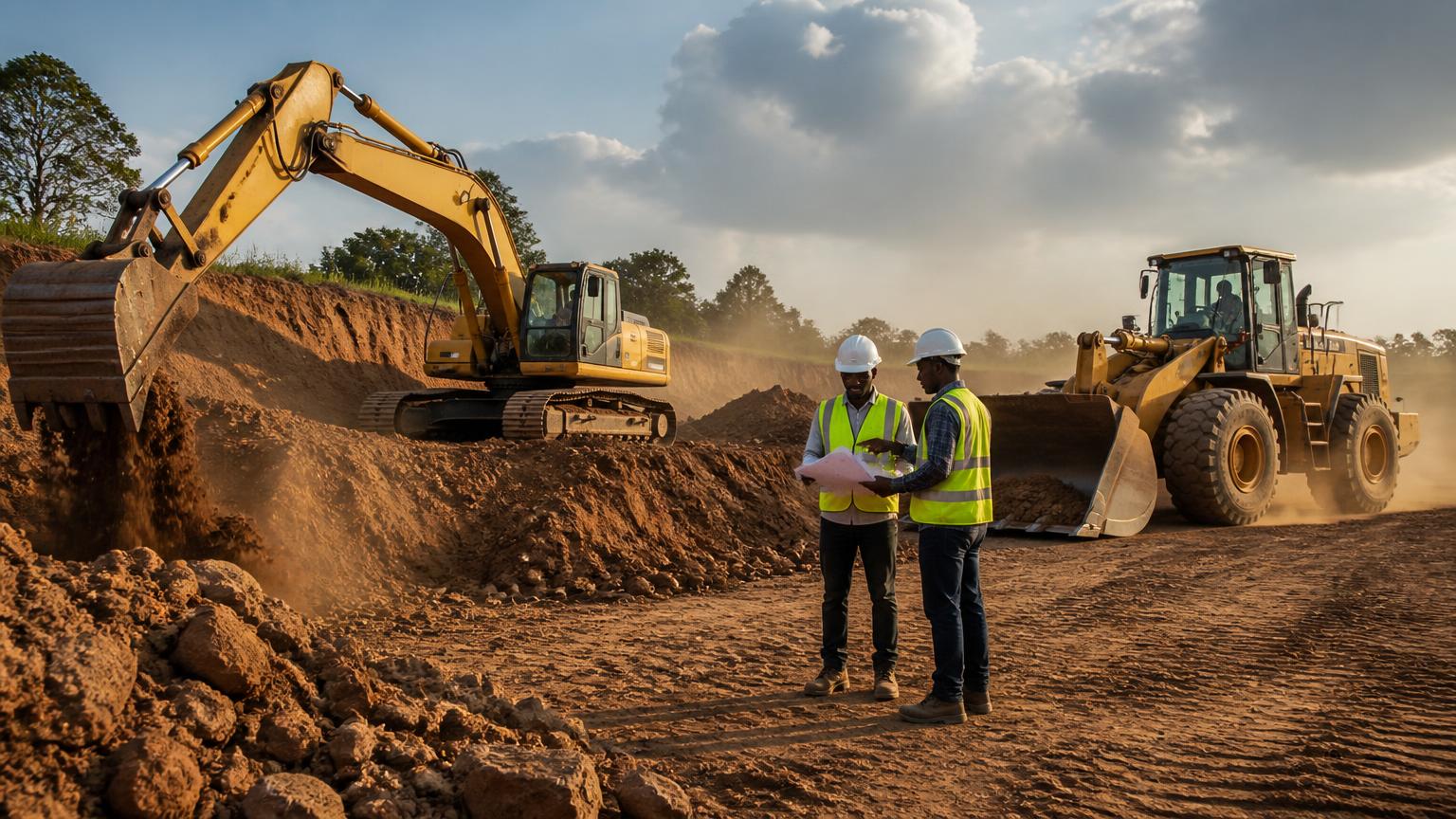 Excavator and wheel loader working on a construction site in Uganda with site engineers