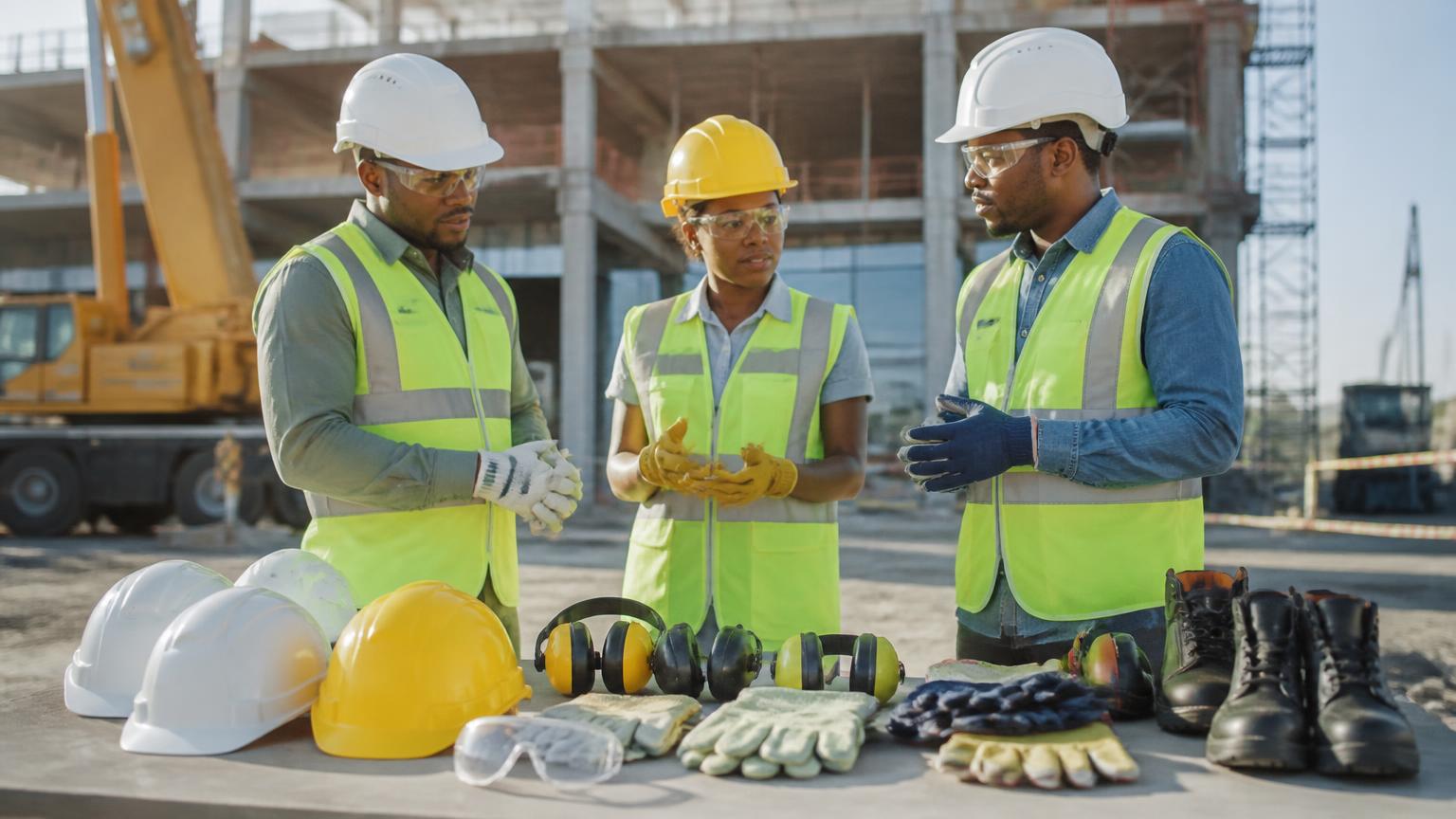 Construction workers wearing PPE beside safety helmets, gloves, goggles and boots
