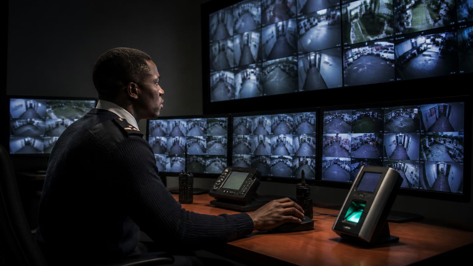 Security operator monitoring CCTV camera feeds and access control in a control room