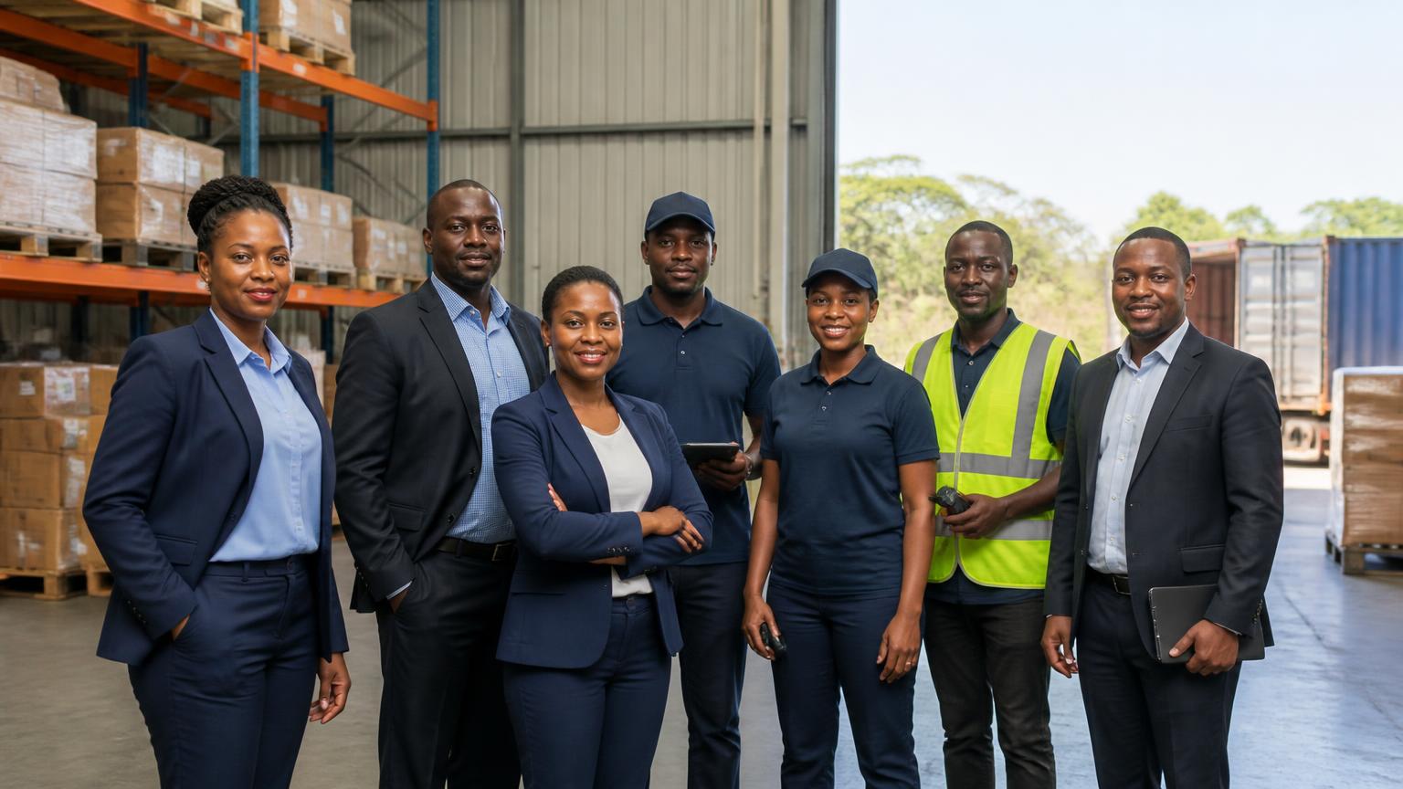 The Rennes Solutions Ltd team at a supply warehouse in Kampala, Uganda